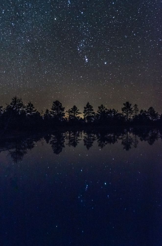 Starfield and Orion constellation reflected in ice