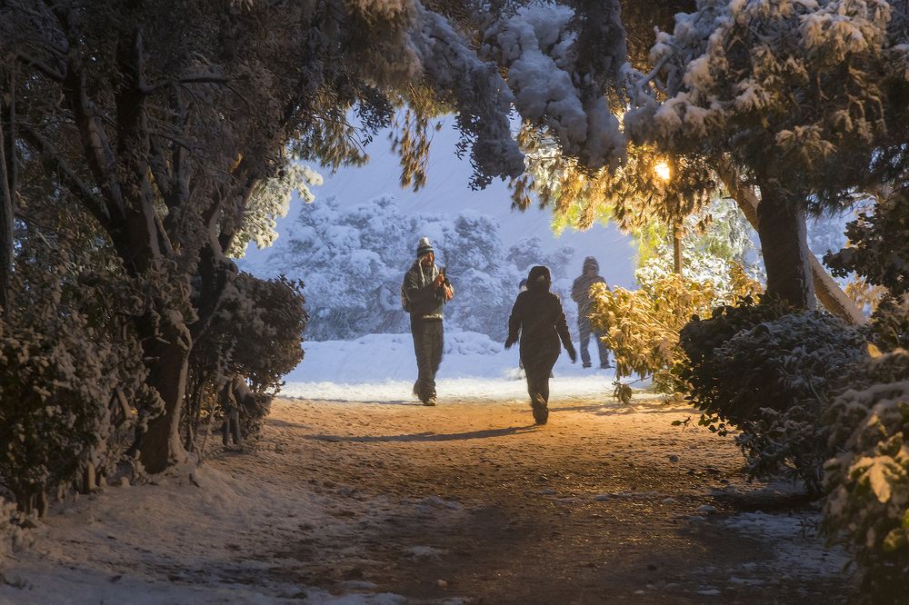 Through white snow and artificial light.