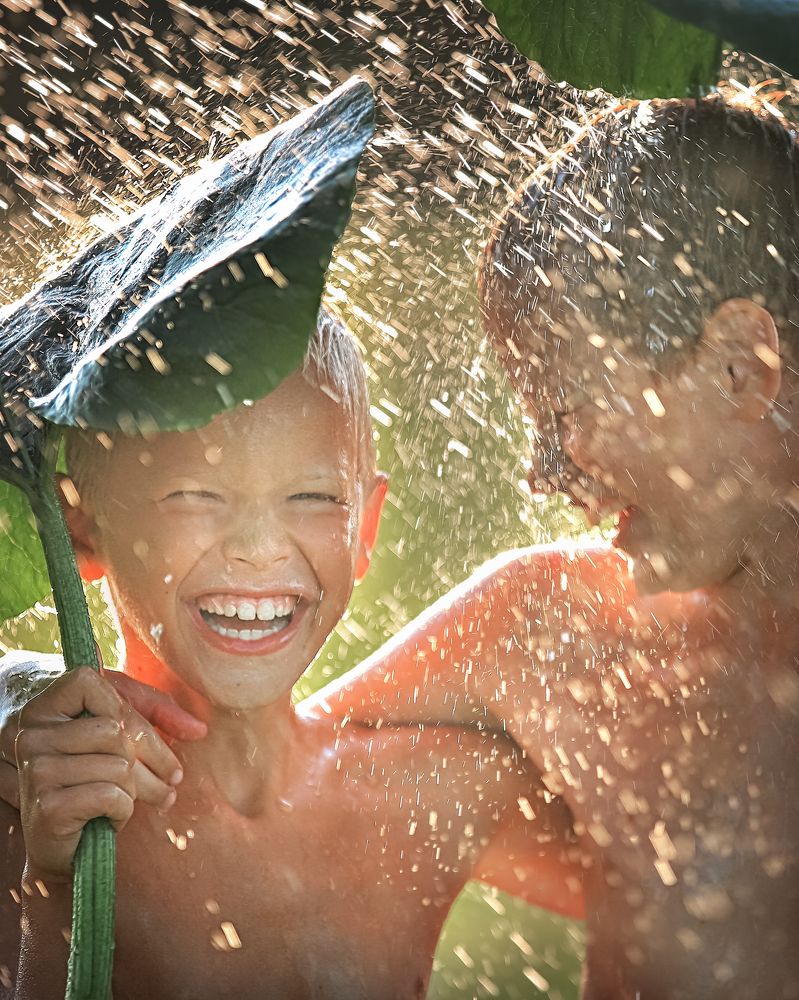 Мальчики смеются под проливным дождем,укрываясь листьями лопуха