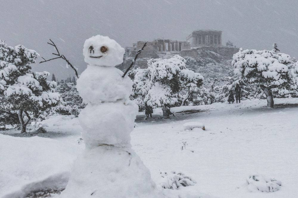Acropolis and Pnyka hill under heavy snowfall