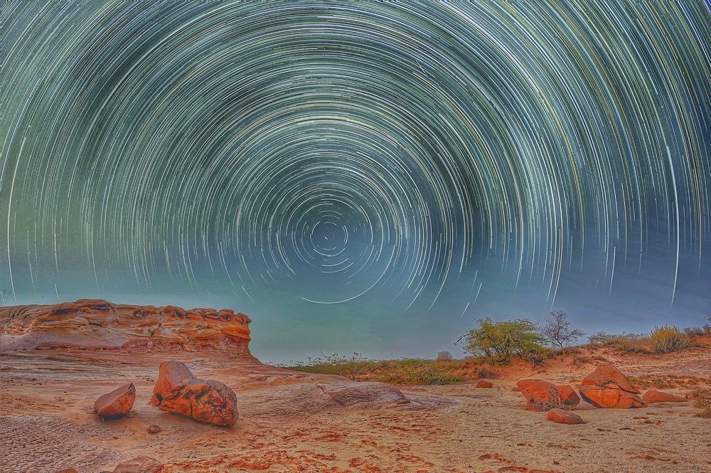 Star Trails over Rock Formation in Bhuj