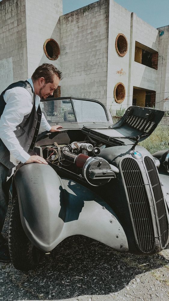 Retro man in retro car