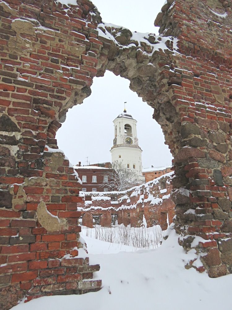 Часовая башня сквозь руины кафедрального собора.