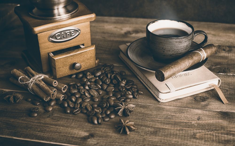 Coffee theme. Still life, vintage, cigar.