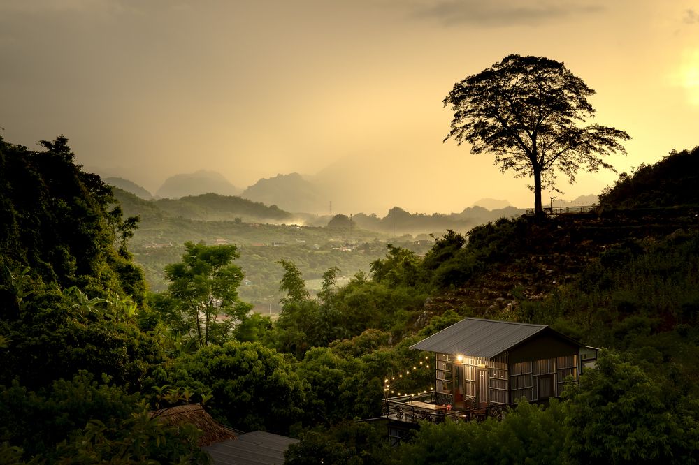 Sunset in the mountains of Moc Chau district, Son La province, Vietnam