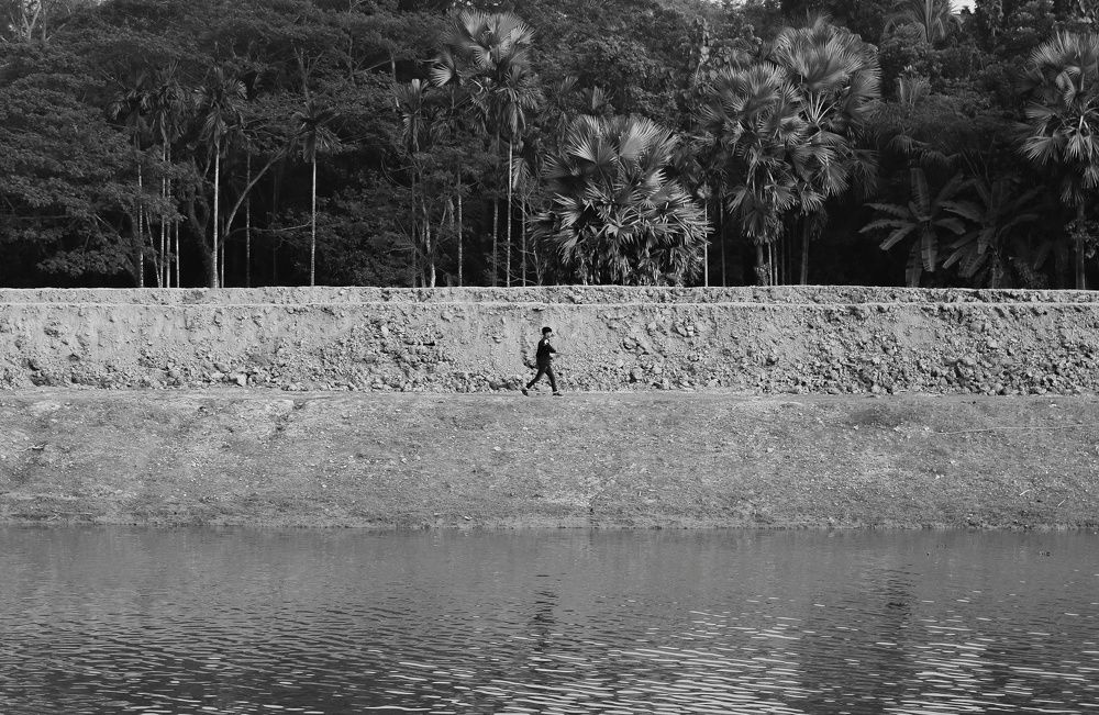 Walking towards the right.