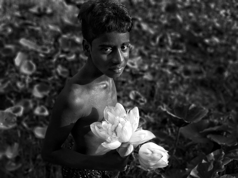 A village boy with lotus.