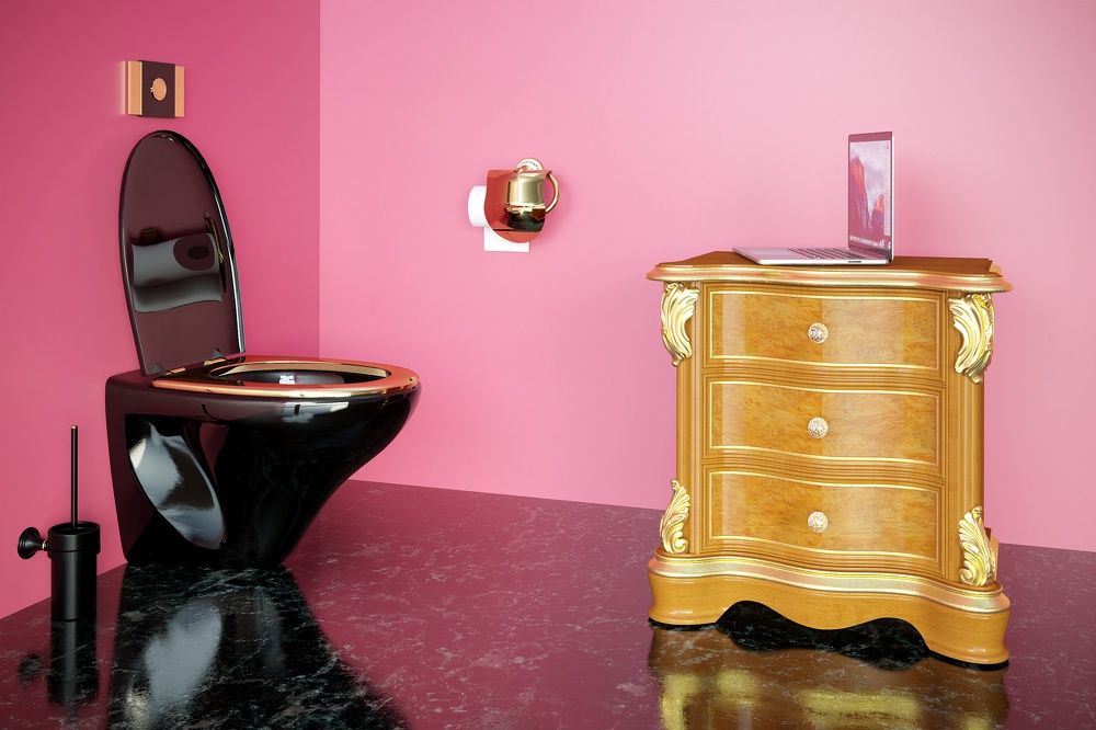 концепция удаленной работы, туалет с ноутбуком