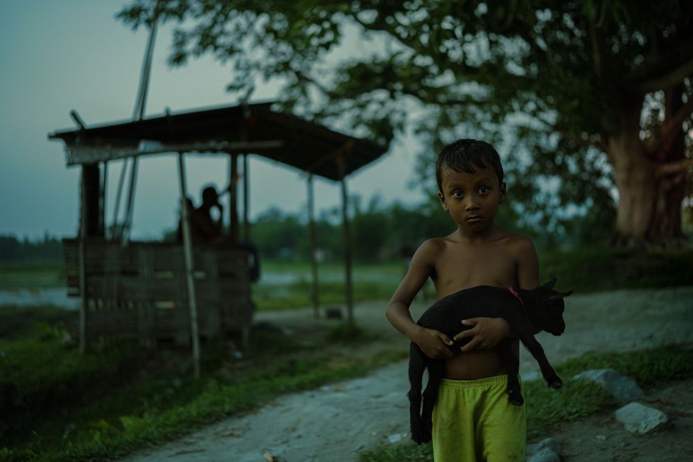 Poor boy playing with goat