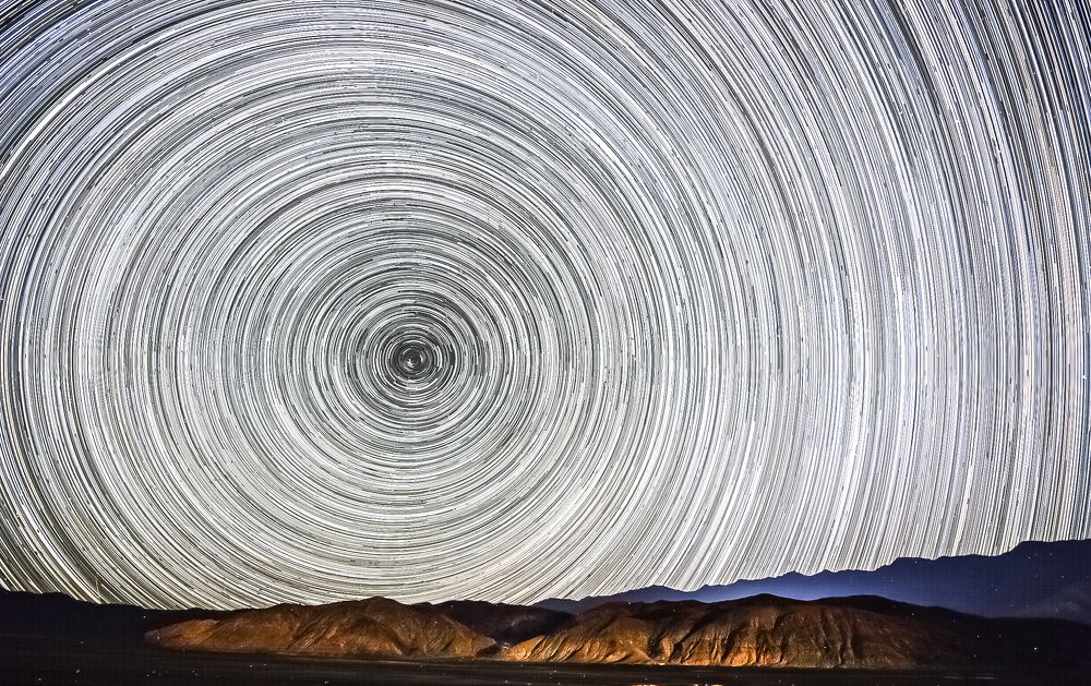 Star trails over mountains in Hanle