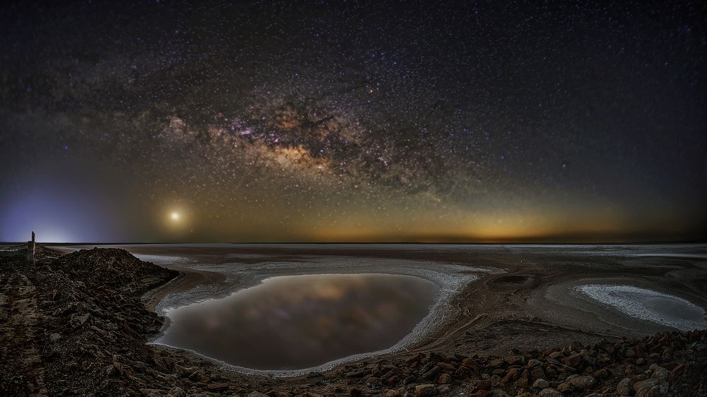 The Reflection of Milkyway in saline water puddle at the edge of White rann (Desert)