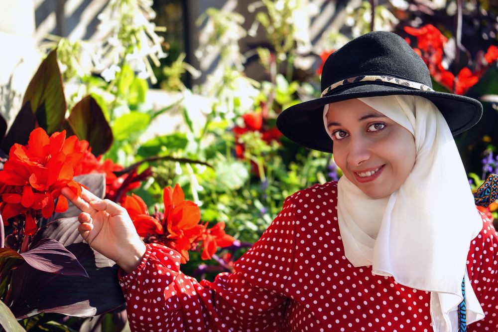 red dress red flowers