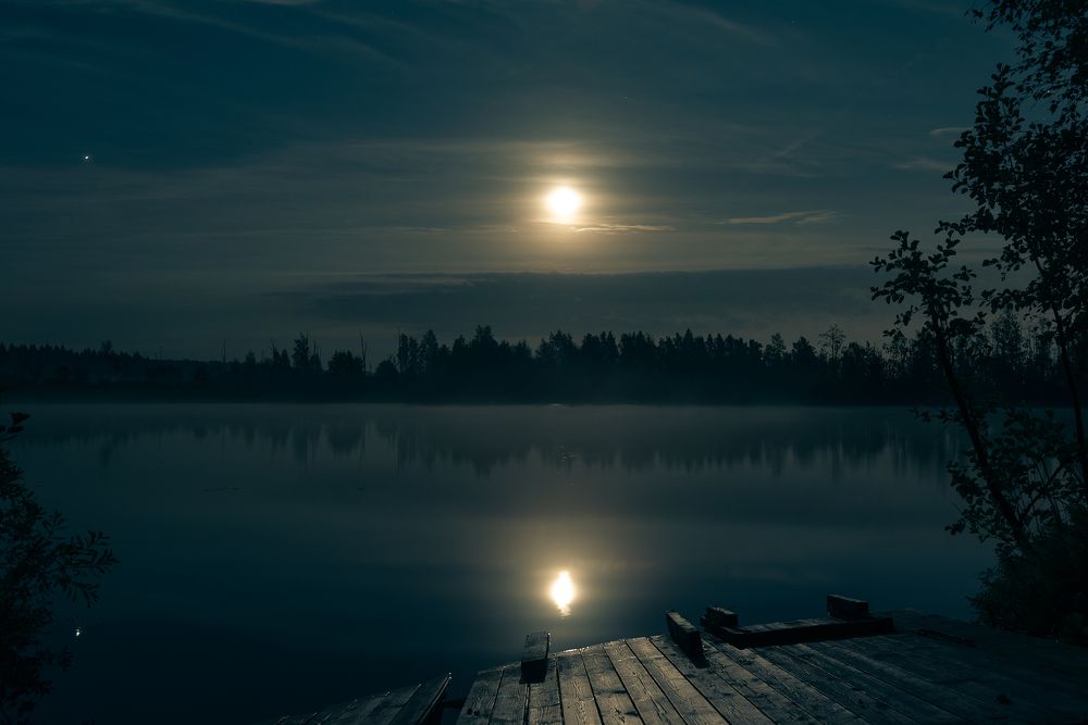 лесное озеро в свете полной луны
