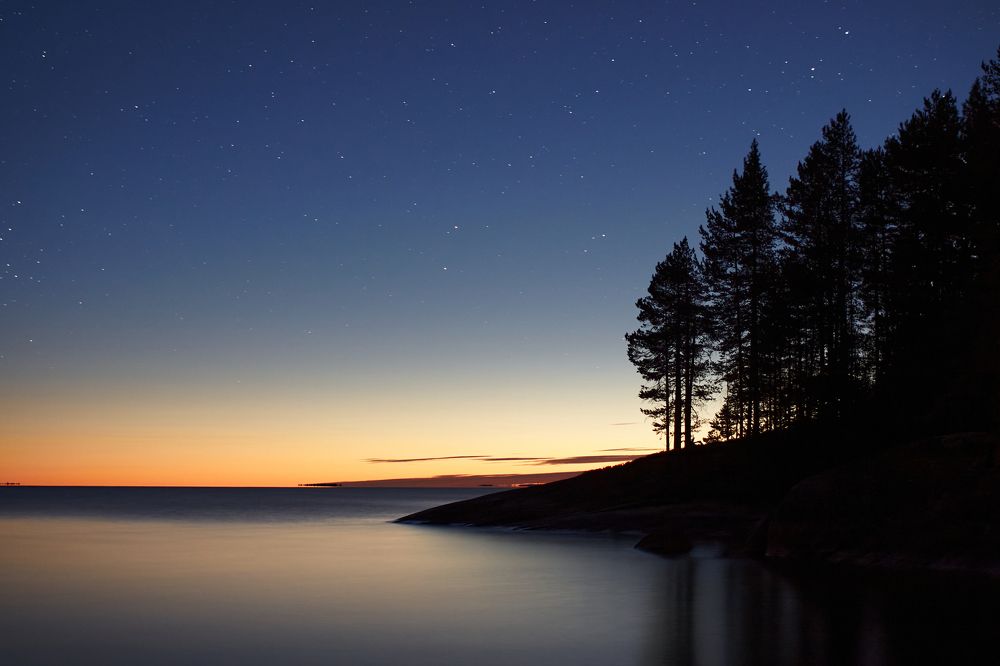 The stars over cape Besov Nos, Onego Lake, Karelia