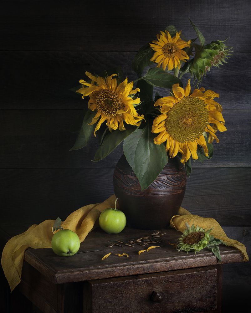 Вечер, подсолнухи.