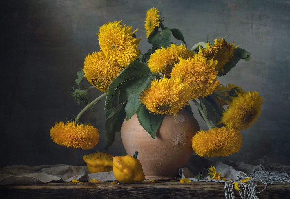 Still life with autumn sunflowers