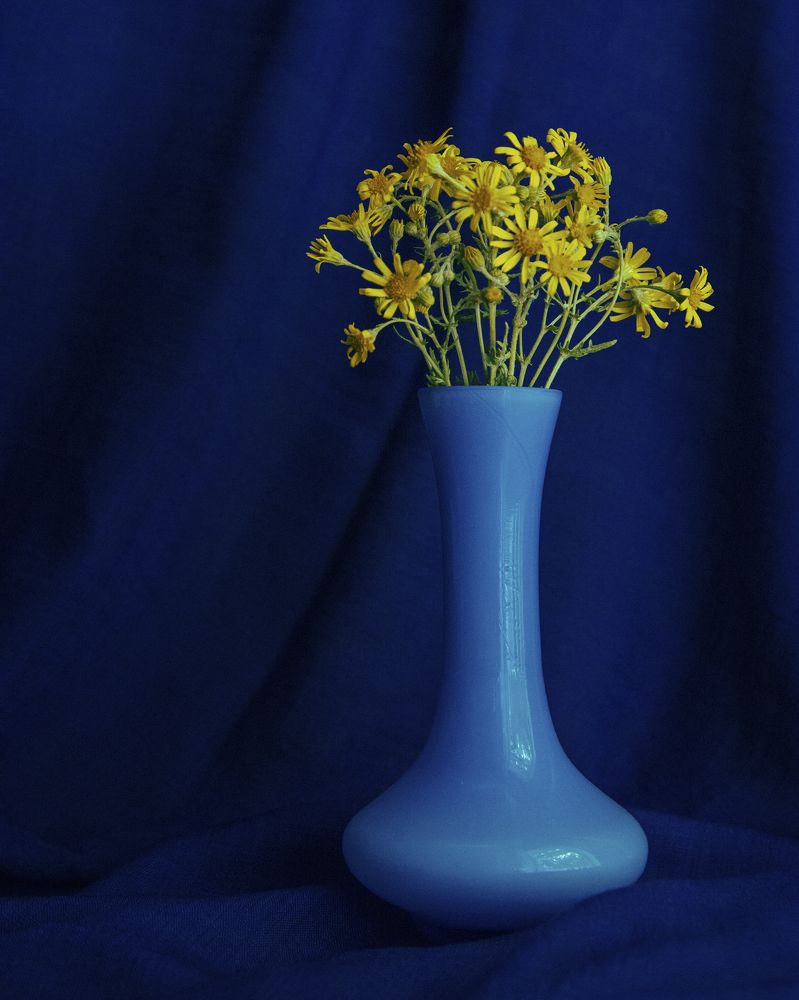 Сине-голубая ваза с солнечными цветами