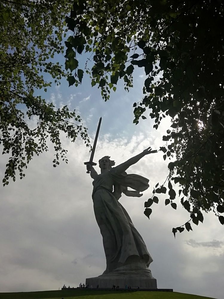 "Родина-мать зовёт" в ореоле берёз.