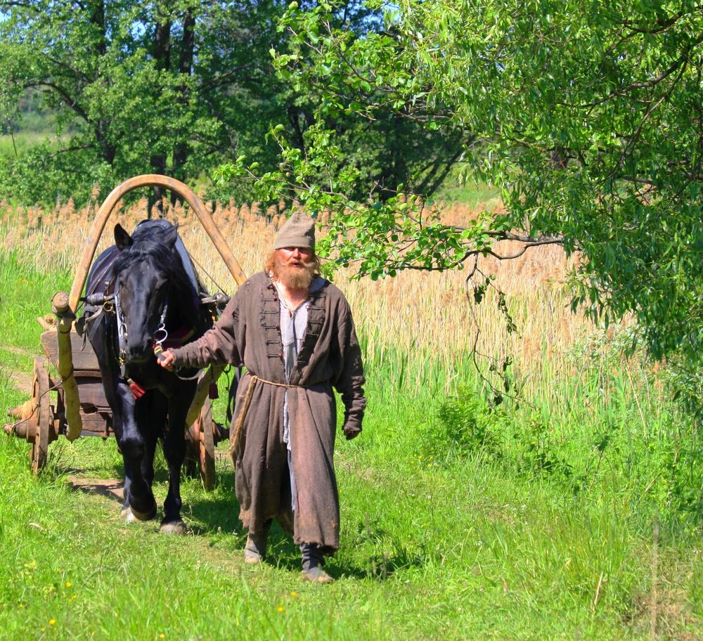Мужик с лошадью и телегой.