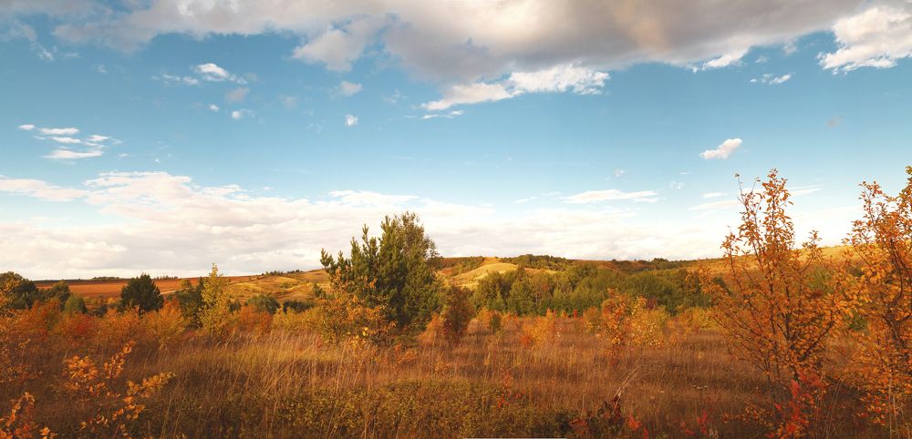 Autumn Panorama of the ancient mountain landscape.