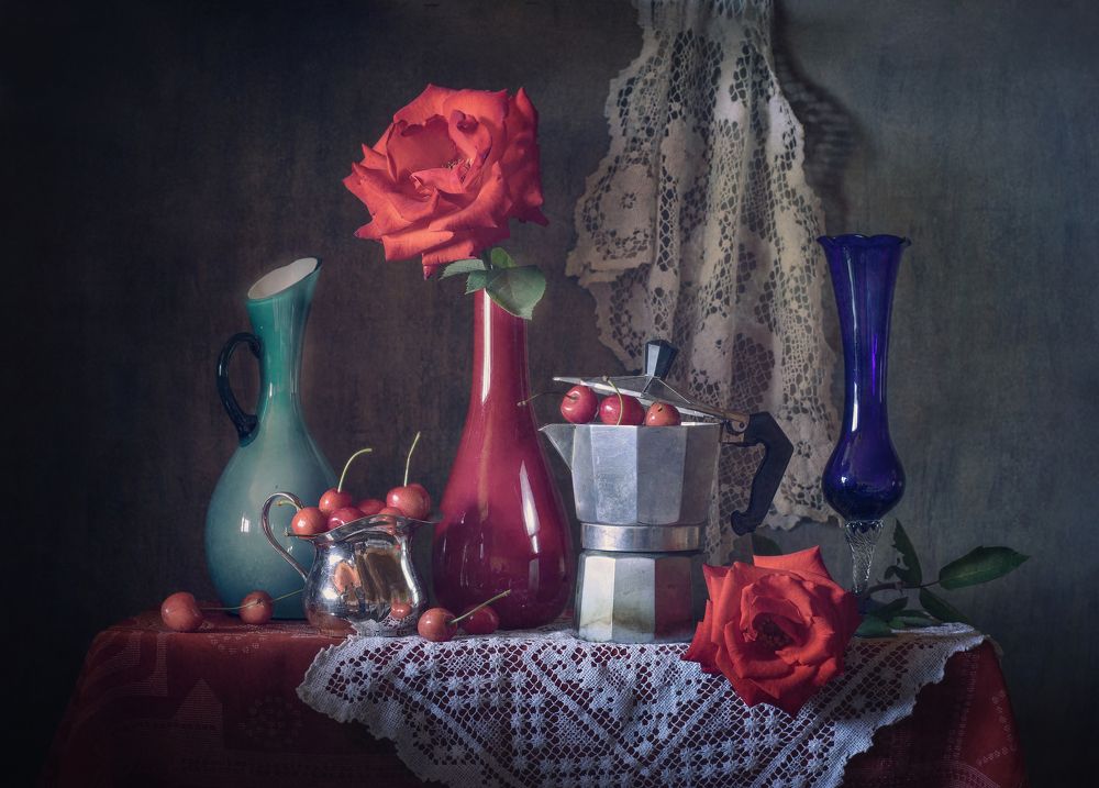 Still life with roses and cherries