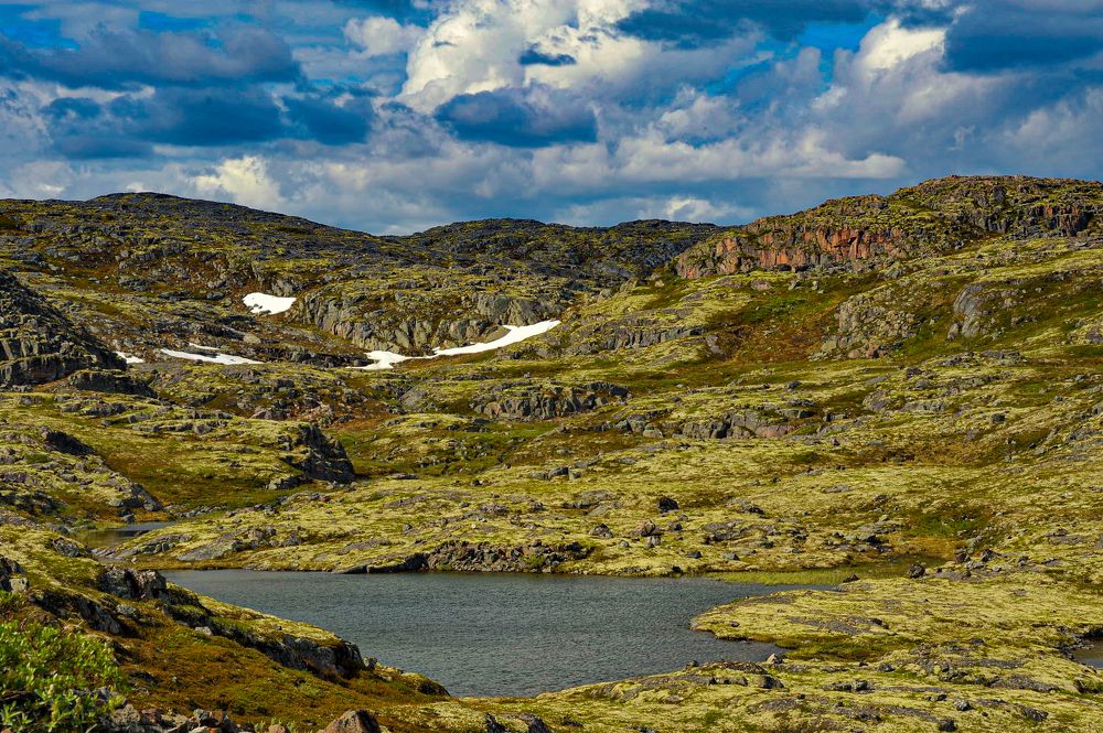 Сопки-снег-озеро.