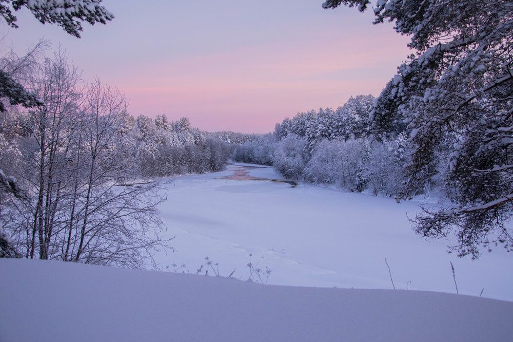 розовое утро на реке.