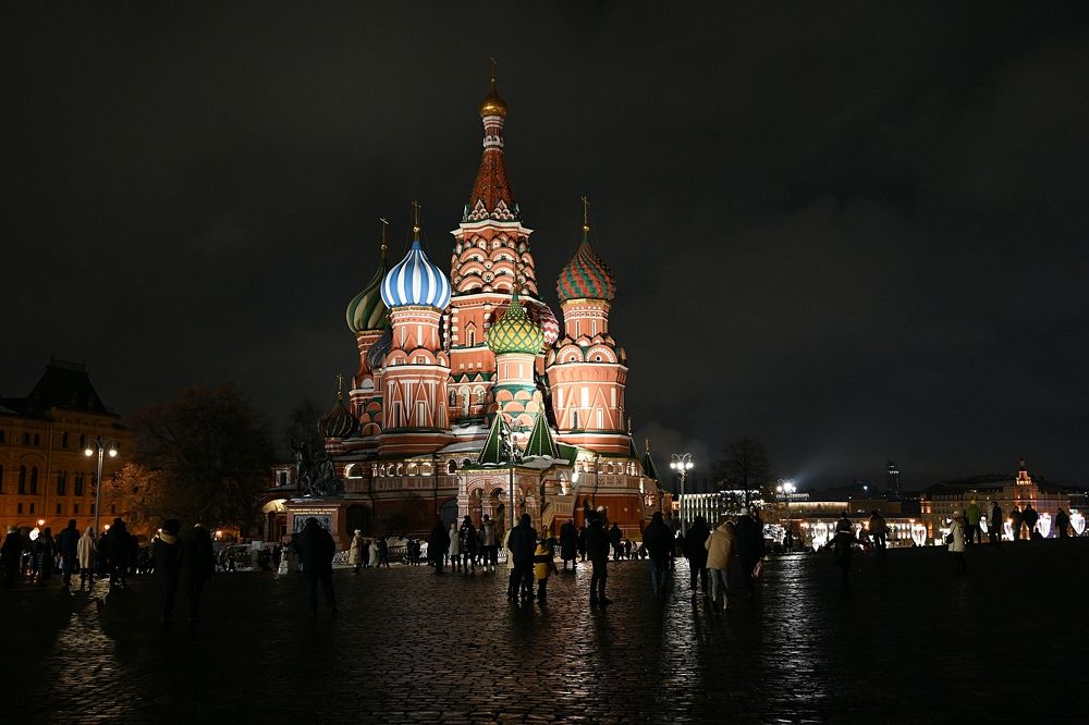 Merry Christmas and Happy New Year 2023! St. Basil's Cathedral. Red Square. Moscow, Russia.