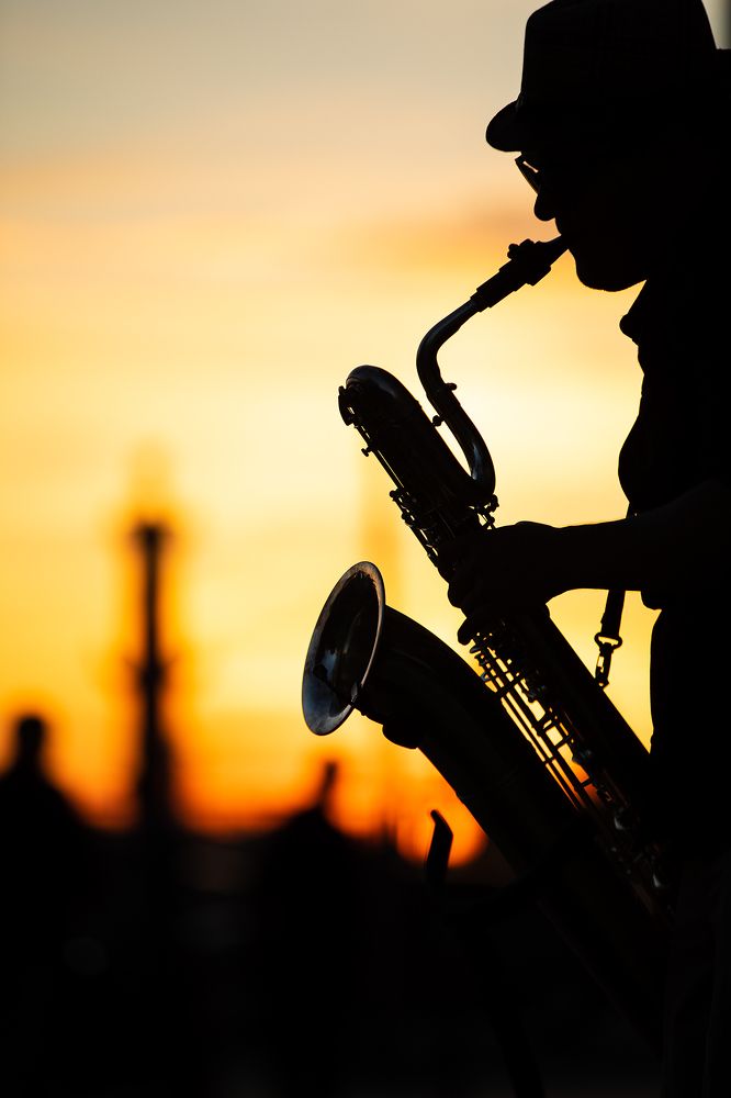 Саксофонист у Эрмитажа на закате