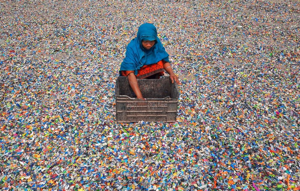 Processing of plastic waste into recyclables.