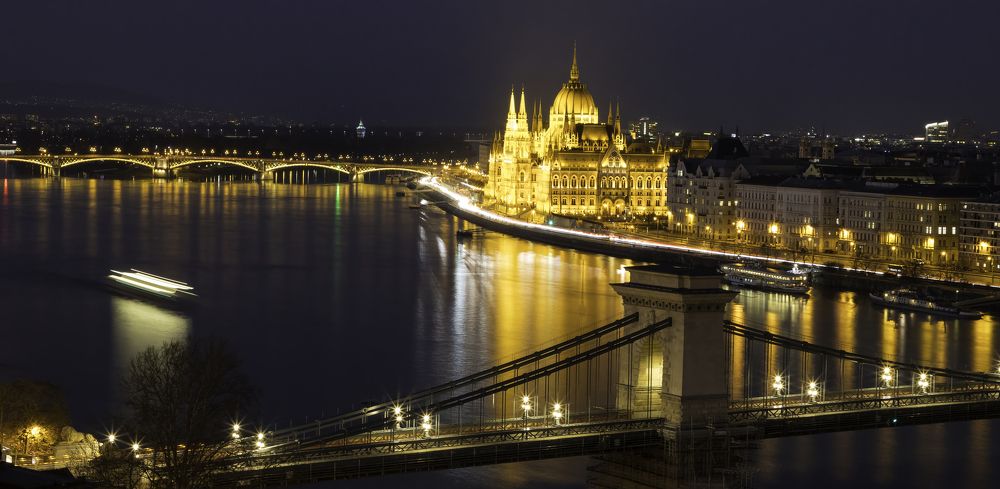 Széchenyi Chain Bridge and the Hungarian Parliament Building at Late Evening