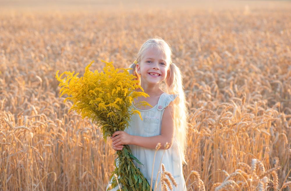 Девочка-блондинка на поле на закате