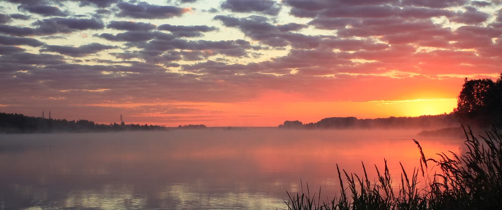 Foggy morning over the Sanakhta river in the early morning in August