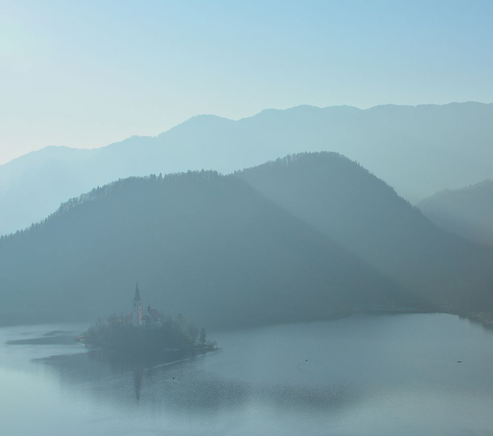Foggy evening on Bled lake