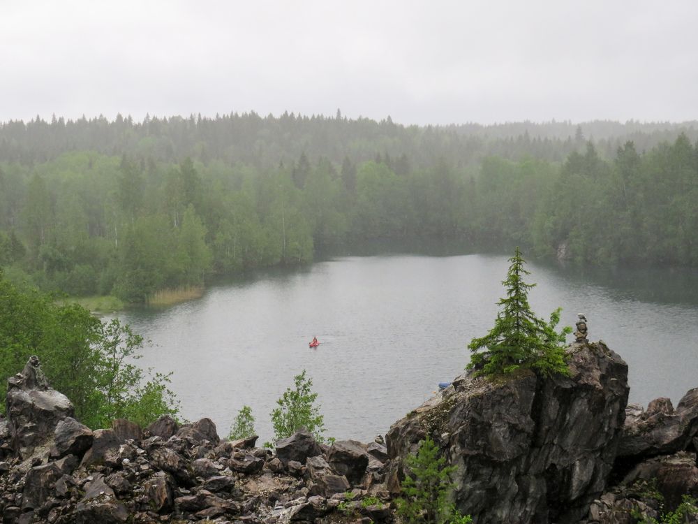 Lonely boat in the rain