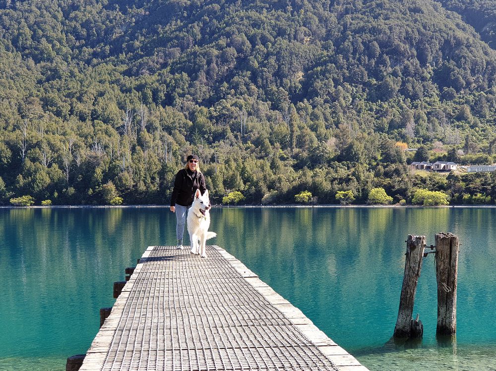 Woman and swiss shepherd on the jetty