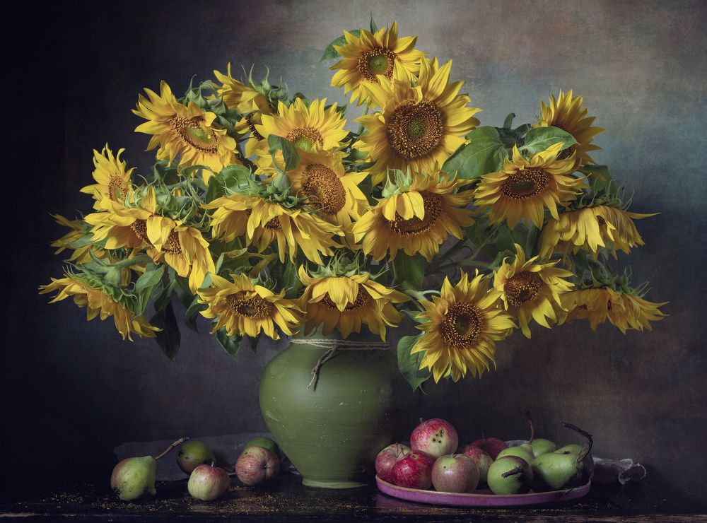 Still life with sunflowers, summer apples and pears