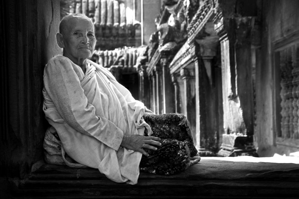 Portrait of an elderly Nun at Angkor Wat, Cambodia.