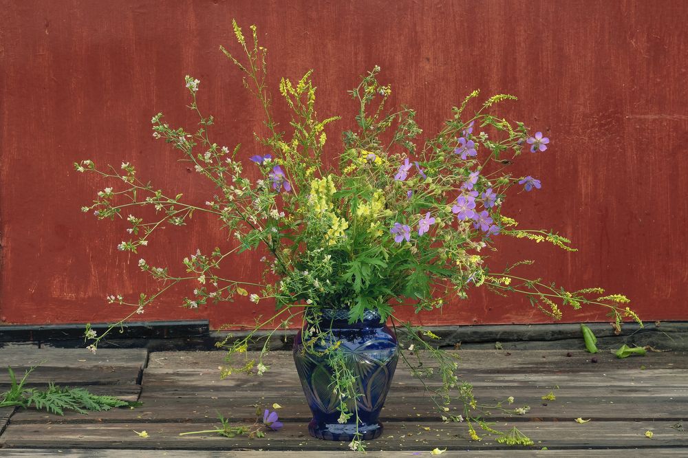 Натюрморт  с синей вазой на красном фоне