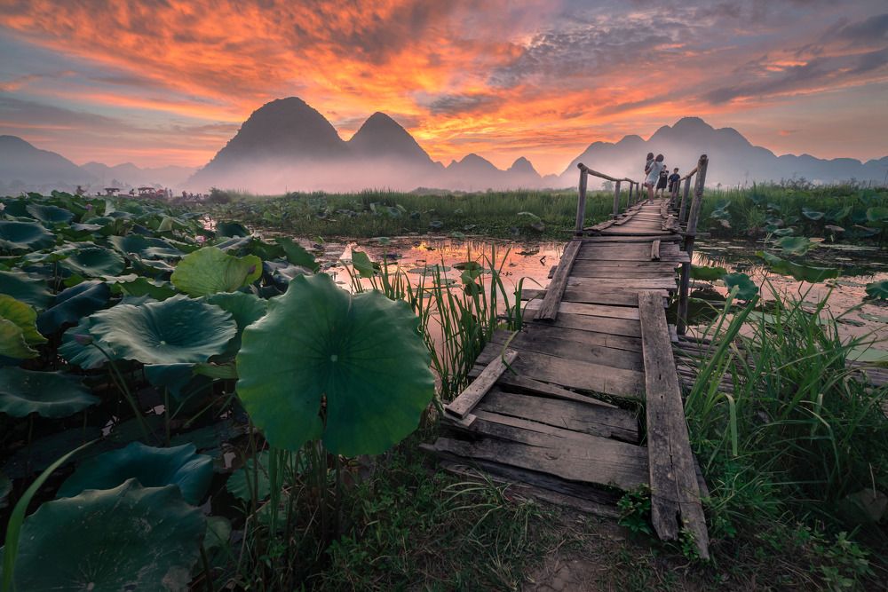 Sunset on the wooden bridge