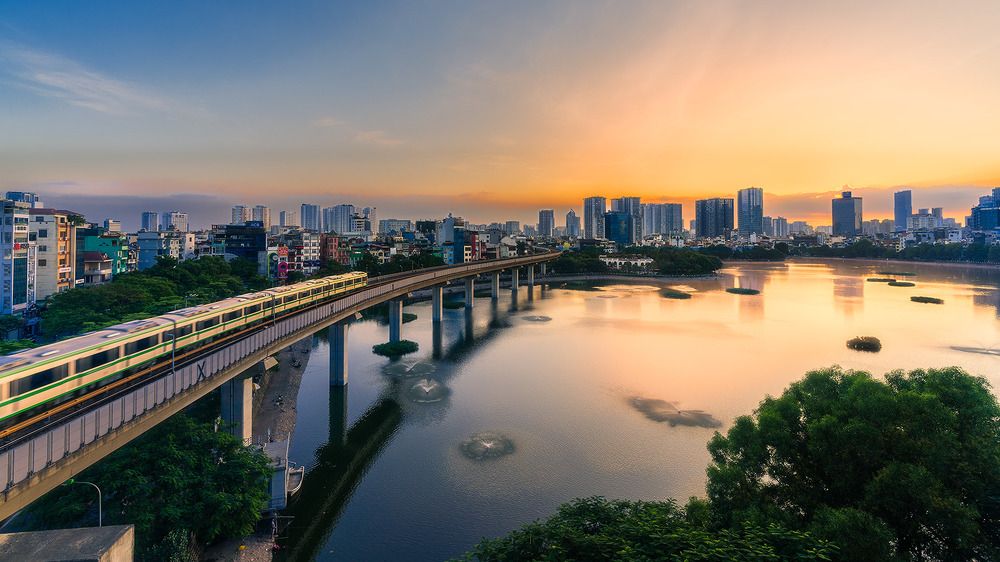 The train heads for the sunset.