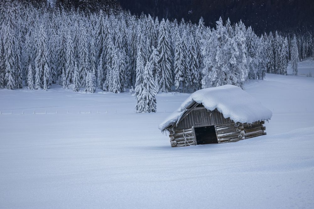 Crooked wooden Hut in Winter Wonderland