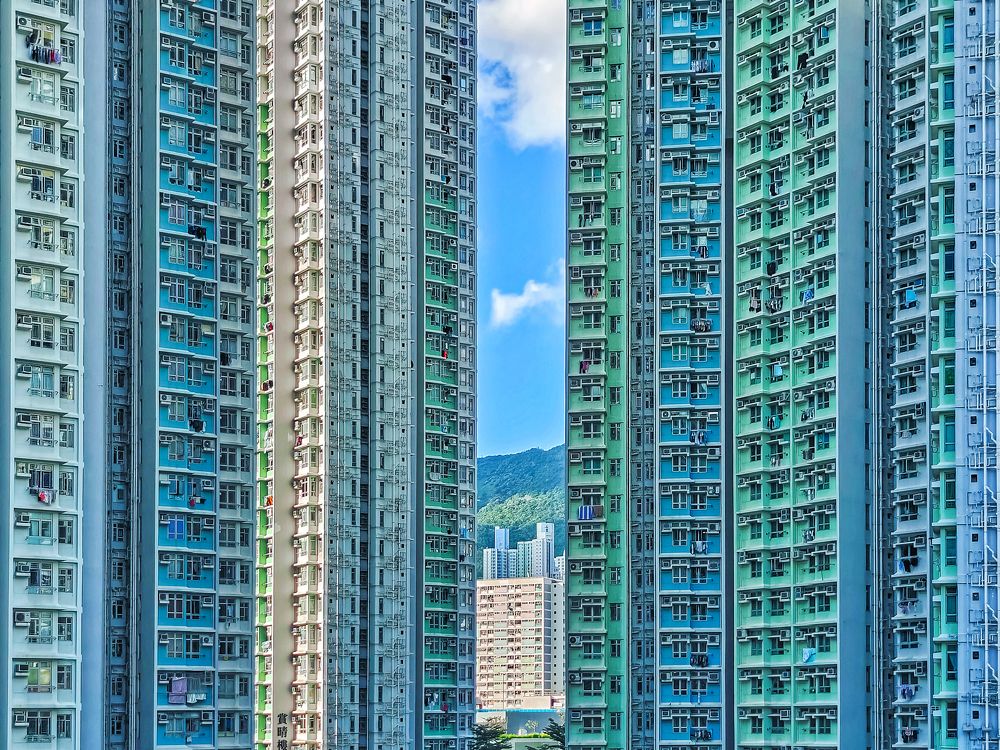 Landscape between dense high-rise buildings in Hong Kong