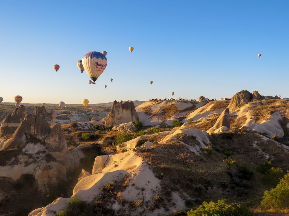 Unusual landscape of Cappadocia and hot air balloons
