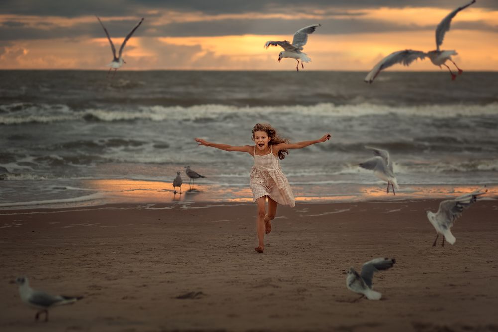 The girl, sea and birds