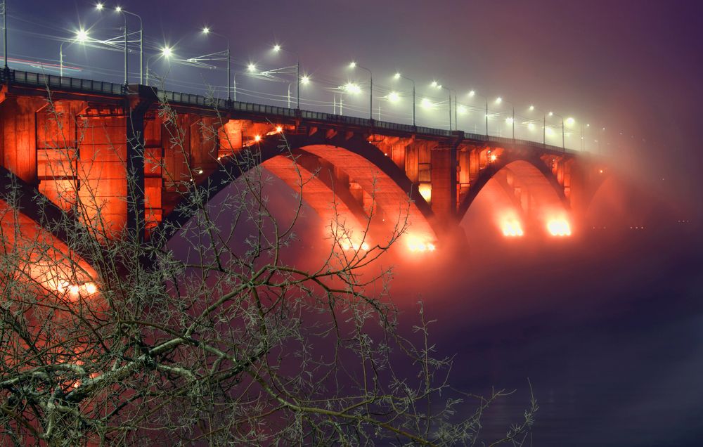 Мост через Енисей в тумане (Красноярск)