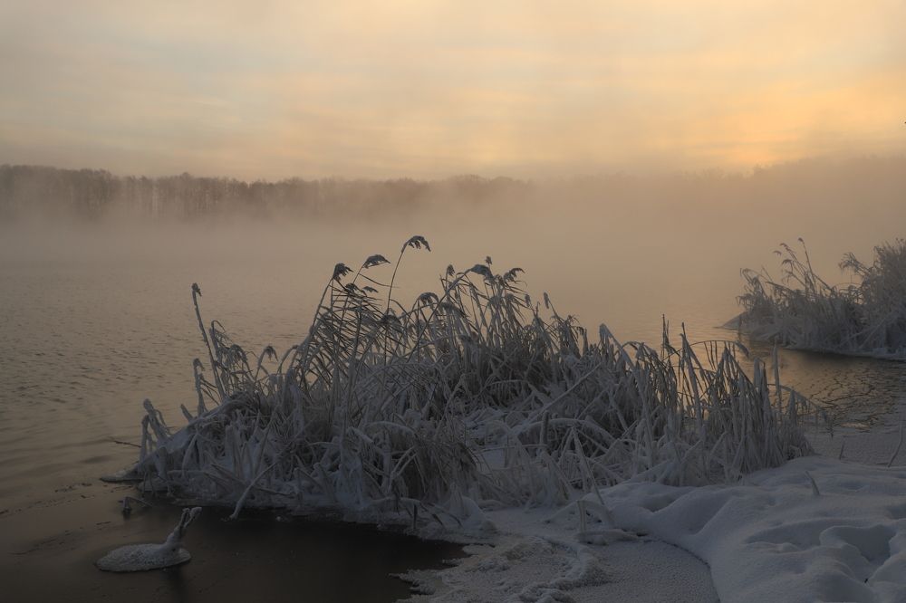 Морозный рассвет на тёплом озере