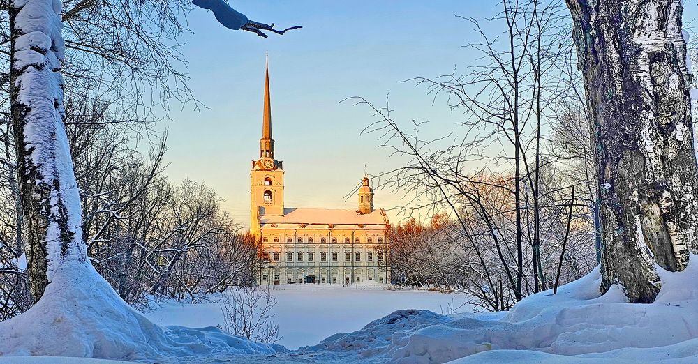 В закатных солнечных лучах.