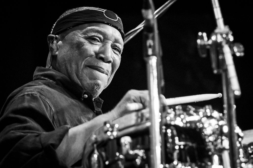 Billy Cobham smiles on stage live