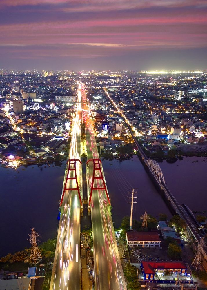 Sunset at Binh Loi bridge in Ho Chi Minh City, Vietnam